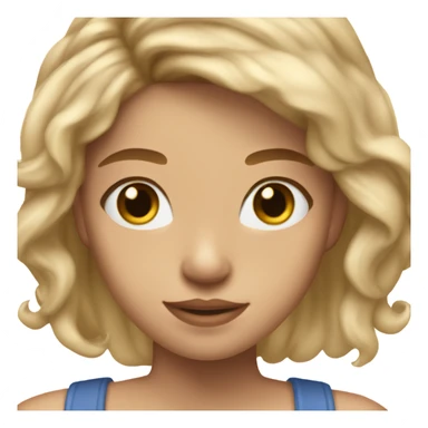 teenage girl wearing a blue square neck top. she has light tan skin, dirty blonde hair whit highlights, and two ear piercings. One’s a stud and one’s a big hoop sticker