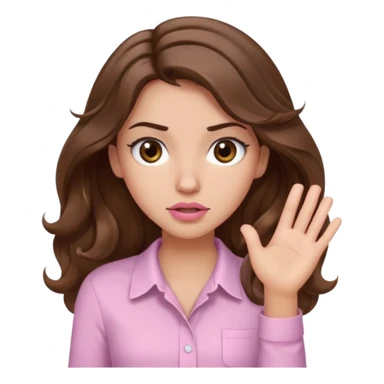 girl with wavy long brown hair, brown eyes, light to medium complexion, long lashes, light pink lipstick, wearing light pink shirt, shrugging sticker