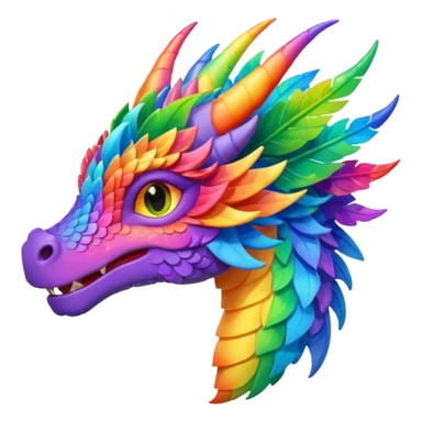 Glory the RainWing dragon's head with leafy frills and shifting rainbow colors, inspired by Wings of Fire, colorful emoji-style illustration sticker