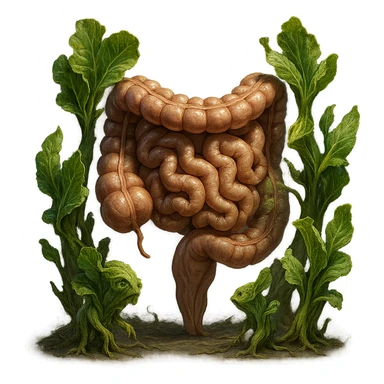 Ultra-realistic 4K illustration: stylized lettuce leaves depicted as plant-like creatures interacting with a human anatomical model of the intestine. The scene is surreal and scientific, with organic textures, refined biological details, dramatic lighting, and a bio-fantasy photorealistic style sticker