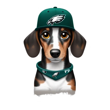 Miniature Merle Medium Light Tri Brown Spotted Dachshund wearing Philadelphia Eagles Hat with C on Jersey sticker