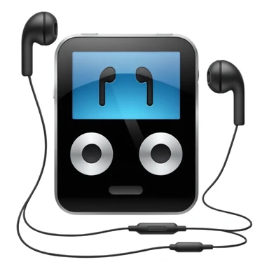 Futuristic iPod emoji with earphones, metallic black and white, smooth reflective surfaces, flat minimal vector design, clean UI style sticker