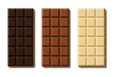 3 BARRETTE DI CIOCCOLATO, UNA FONDENTE, UNA AL LATTE E UNA BIANCA, CON OMBRA REALISTICA, VISTE DALL'ALTO, IPERREALISTICO 4K sticker