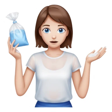 Brown hair blue eye Girl shrugging holding a clear plastic bag with white powder sticker
