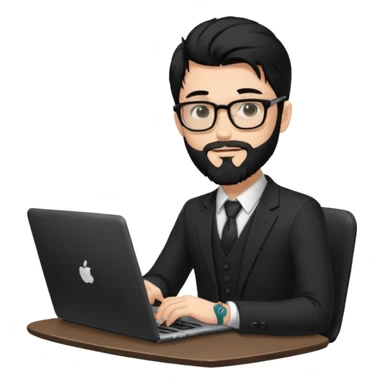 a young man with long black hair, with formal cloth, beard, wearing glasses sitting with a laptop, tattoo inyout arms sticker