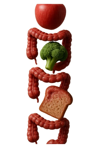 emoji stile iphone in 3d di cibo sano che fluttua in aria vericalmente insieme ùa pezzi di colon umano anatomico, iperrealistico 4k sticker