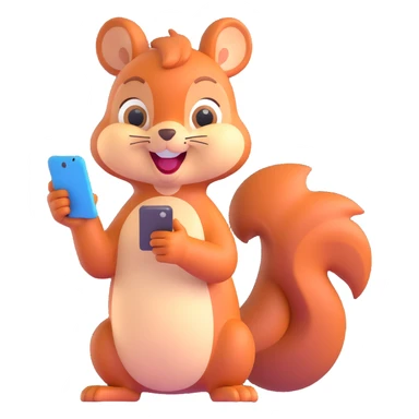 cartoon squirrel with a smartphone, mid-conversation, cheerful expression, emoji style sticker