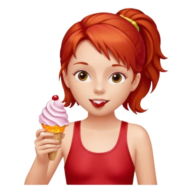 girl kid red haired swimsuit, eating ice cream, sun sticker