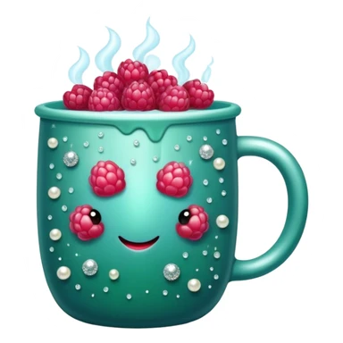 soft blue mug filled with steaming hot raspberry tea, decorated with dark green pearl and sparkly embellishments (aesthetic, cute) sticker