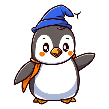 Penguin casting a magical spell with a wizard hat and blue robes sticker