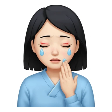 A crying East Asian woman with black hair, wearing light blue clothing. Her skin appears dry, closing her eyes and crying sticker