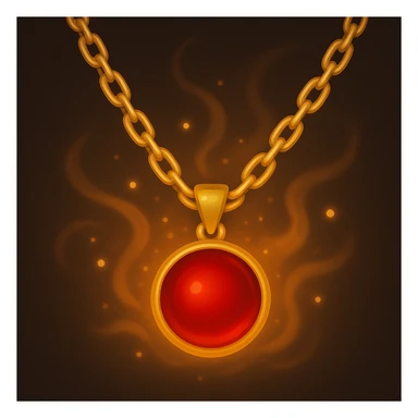 Make the garnet round and glowing wine-red, tiny talisman radiating warmth and power, golden chain, ethereal and moving, in emoji style sticker