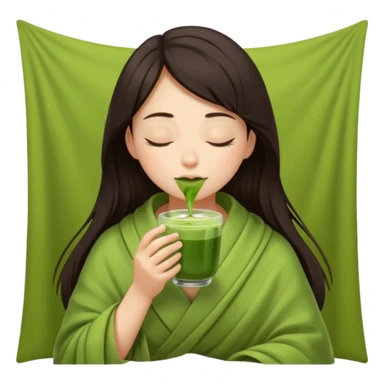 Dark brown hair girl inside a blanket sipping matcha eyes closed sticker