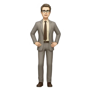 Full height Actively Gesturing Pale skinned fit man with dark brown hair in gray jacket, beige office shirt, brown tie, brown pants and vintage glasses. sticker