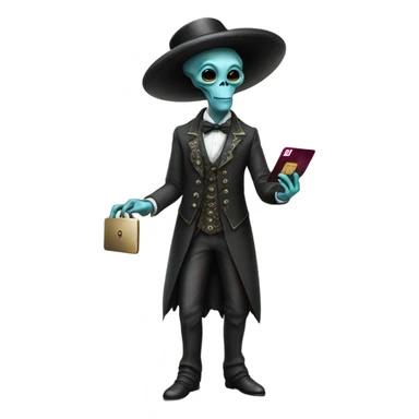 alien galora in Victorian dress elegant, full body, holding big credit card sticker