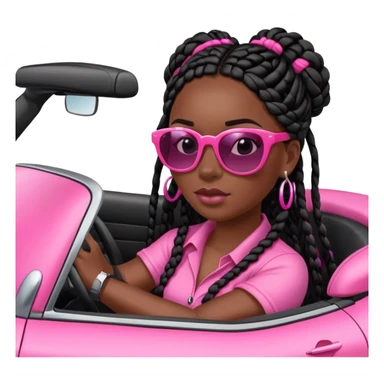 A dark-skinned Black woman with black box braids, driving a pink car sticker