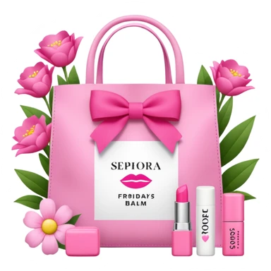 A Sephora shopping bag with a pink preppy lip balm and Summer Fridays branding peeking out, pink and bows surrounded summery sticker