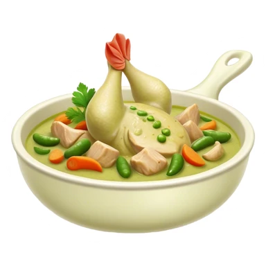 Cinematic Realistic Green Chicken Curry Dish Emoji, depicted with tender chicken simmered in a fragrant green curry sauce with vegetables rendered with rich textures and dynamic, vibrant lighting. sticker