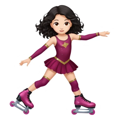 Una patinadora de 12 años y es morena de pelo y lleva un mallott granate con brillos y esta patinando con patines de ruedas en linea y su piel es clara y el pelo es largo negro ondulado e mallot tiene falda sticker