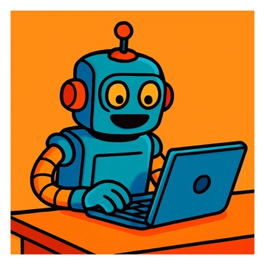 robot working on a laptop, vibrant cartoon style sticker