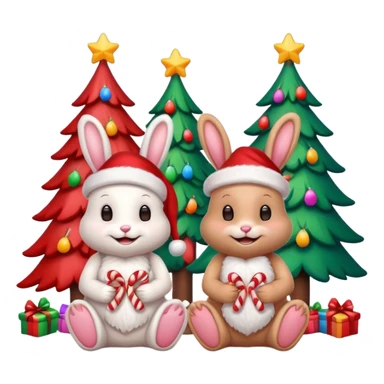 Smiling Bunnies with Santa hats sitting by brightly lit glowing colorful Christmas trees and candy canes 🎁  sticker