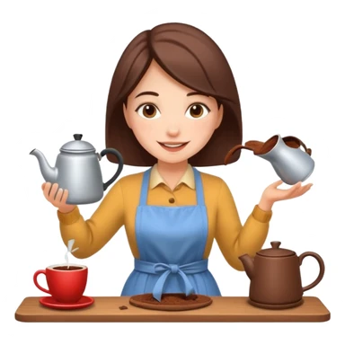 A cheerful woman wearing a winter apron, pouring cocoa from a kettle into tiny cups.
 sticker