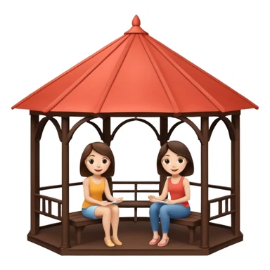 Two small brunette women sitting inside a large white gazebo sticker
