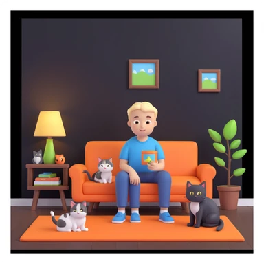 boy and cat pet, living room background sticker