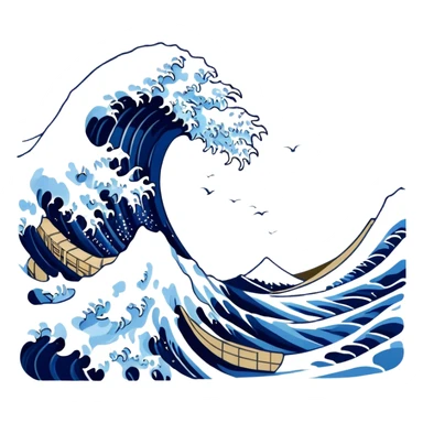 Cinematic Realistic Great Wave off Kanagawa, depicted as a colossal, crashing wave with dynamic blue hues and frothy white crests, rendered with intricate textures and fluid motion that captures both the timeless power and poetic beauty of the iconic Japanese artwork sticker