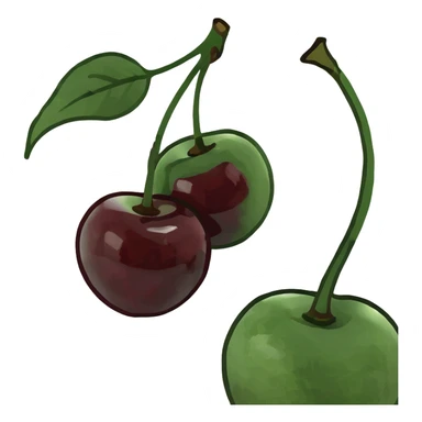 3D style pair of deep burgundy cherries with green stem, rich dark red color sticker