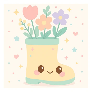 a pastel rain boot filled with blooming spring flowers, kawaii style sticker