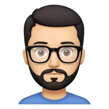 White male with short black hair and a short dark brown beard. Black frame square glasses sticker
