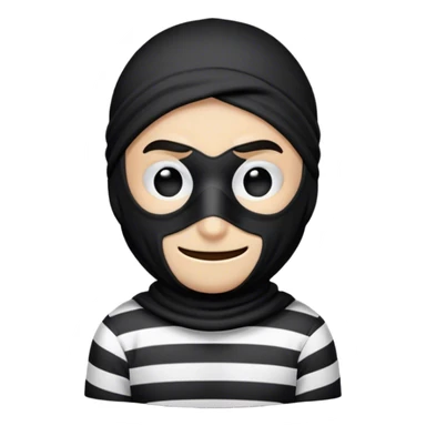 a cartoon-style robber emoji, showing a mischievous face with a black mask covering the eyes, a sly smirk, and a striped black-and-white shirt. the design is simple and clean, with a playful and lighthearted feel sticker