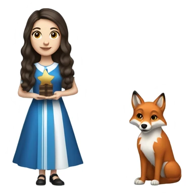 White girl in a dress for Hanukkah with long wavier dark brown hair holding something holiday related with her red fox looking dog  sticker
