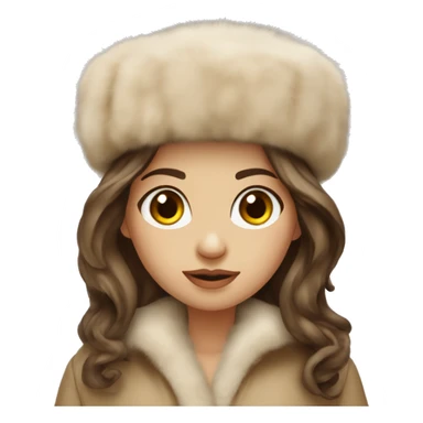 Slavic girl with dark eyes and brown wavy long hair wearing a beige fur hat and beige Mink fur coat sticker