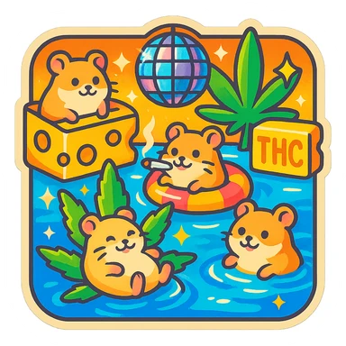 square Discord server icon, retro sticker style, hamsters at a pool party with weed, cheese, THC theme, disco ball, bright nostalgic colors, sparkles, bold outlines, fun pool floats, centered clear playful composition sticker