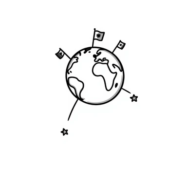 Hand-drawn globe with small country flags from different nations sticking out from the continents sticker