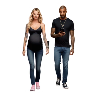 Photo of a Victoria secret model pregnant walking next to a tattooed male model on their cell phones sticker