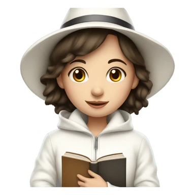 brunette girl in a white jacket in a white hat hugs a book sticker