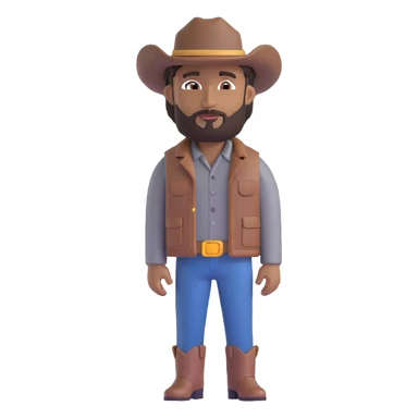male cowboy emoji, medium brown skin, brown eyes, medium musculature, beard and goatee, brown leather hat, gray shirt, black and gray jacket, full body, side view sticker
