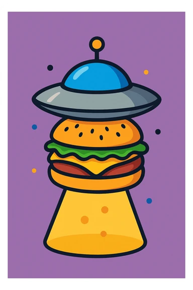 burger with metallic UFO rim and antenna, hovering with a beam of light, cute friendly style sticker