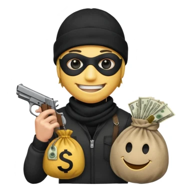 smiley robber wears black eye mask and black beanies with one money bag beside him sticker