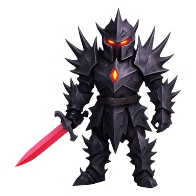Make the knight's black armour spikey, keep glowing red eyes, mysterious and powerful style, no background. sticker