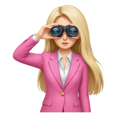 white female employee with long hair in pink suit using binoculars sticker