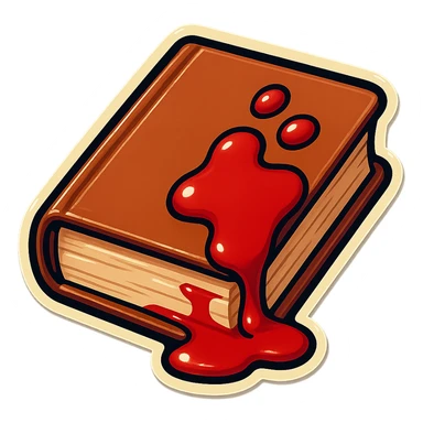 old book with blood stains, sharp black outlines, no gradients, clear shadows and highlights, retro stickers style sticker