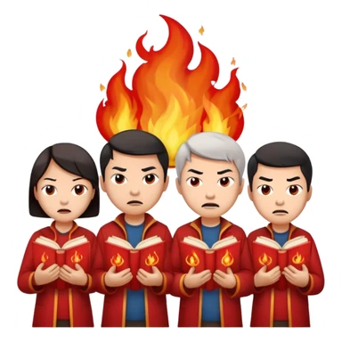 Chinese culture revolution, a group of Chinese wearing red, face angry, buring books sticker