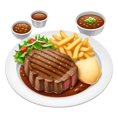 big juicy australian steak meal featuring chips, small salad in a ramiken and gravy  sticker