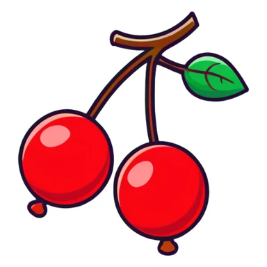 Two plump red cherries hanging from a small branch with green leaves sticker