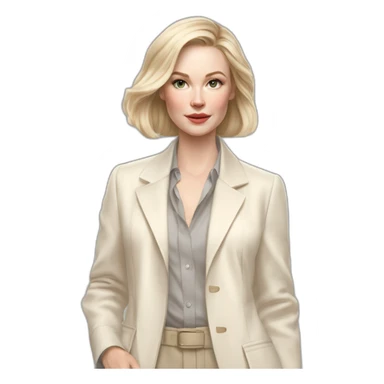 pale skin woman with ash blonde Straightened bob Hair, White Spacious classical jacket, beige palazzo Arrow pants and gray blouse holding white IPhone 15 pro in the hands sticker