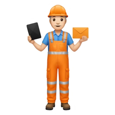 mature engineer hi-vis orange overalls standing full body holding a card sticker